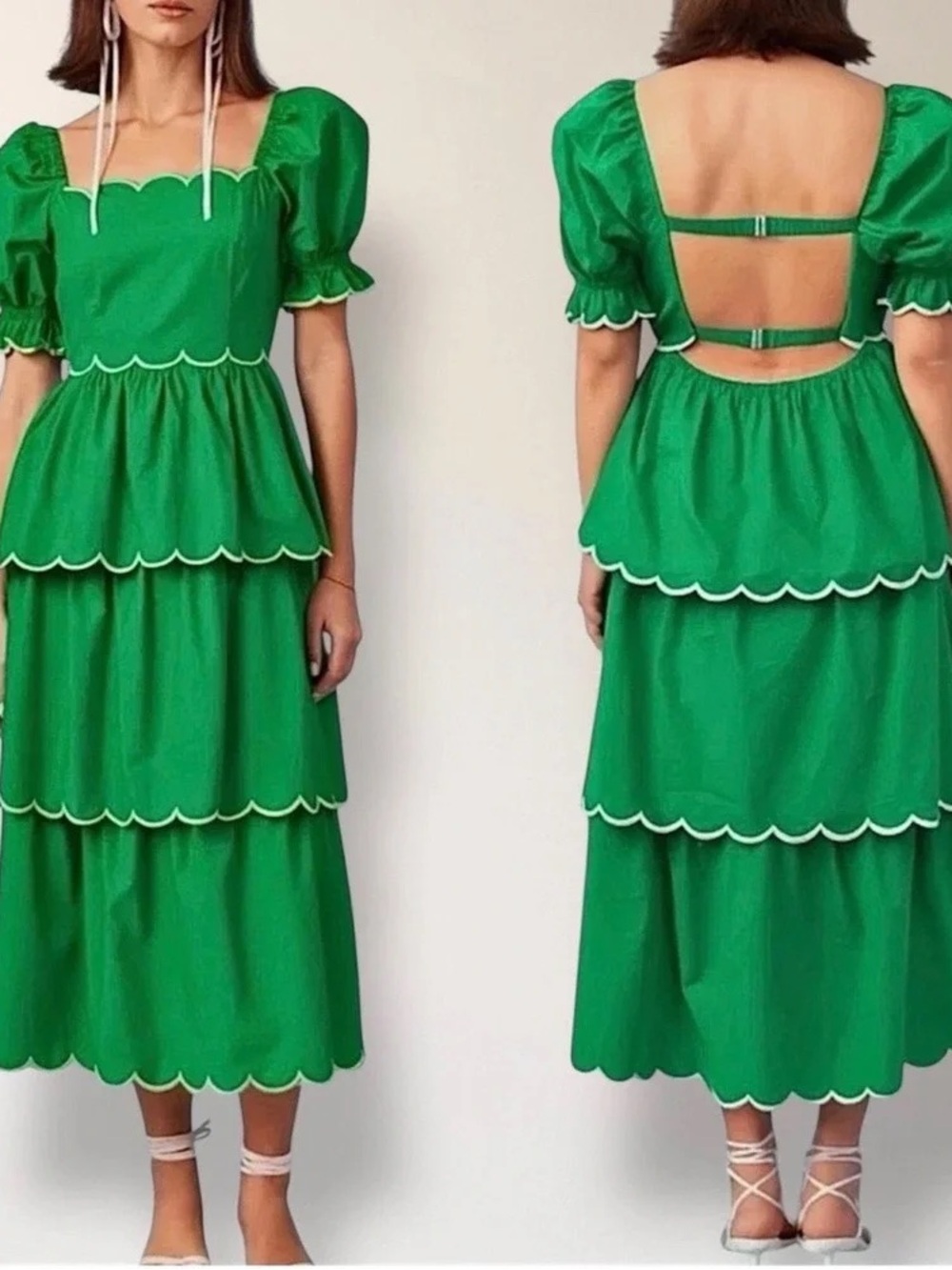 NWT English Factory Bright Green Scalloped Tiered Backless Midi Dress